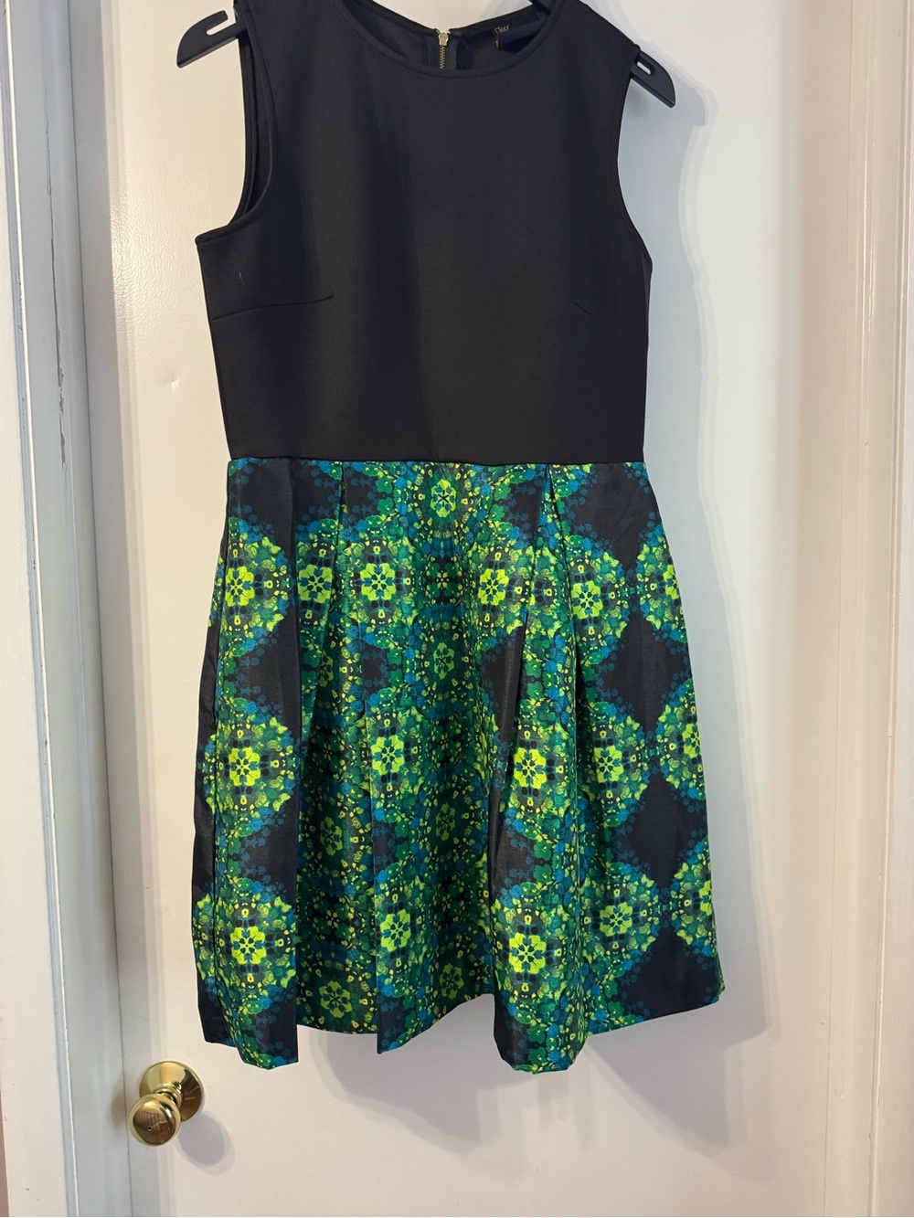 Women’s Black Dress with Green Patterned Skirt